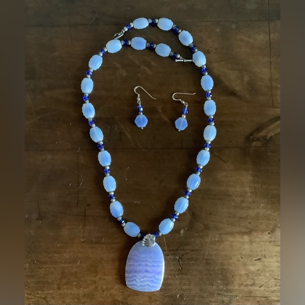 Artisan-made necklace with cornflower blue and periwinkle opaline glass beads.